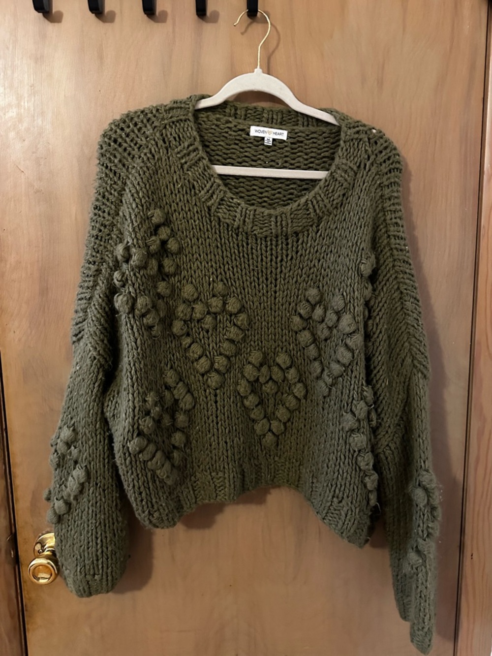 Woven Heart Olive Knit Pom-Pom Crewneck Sweater